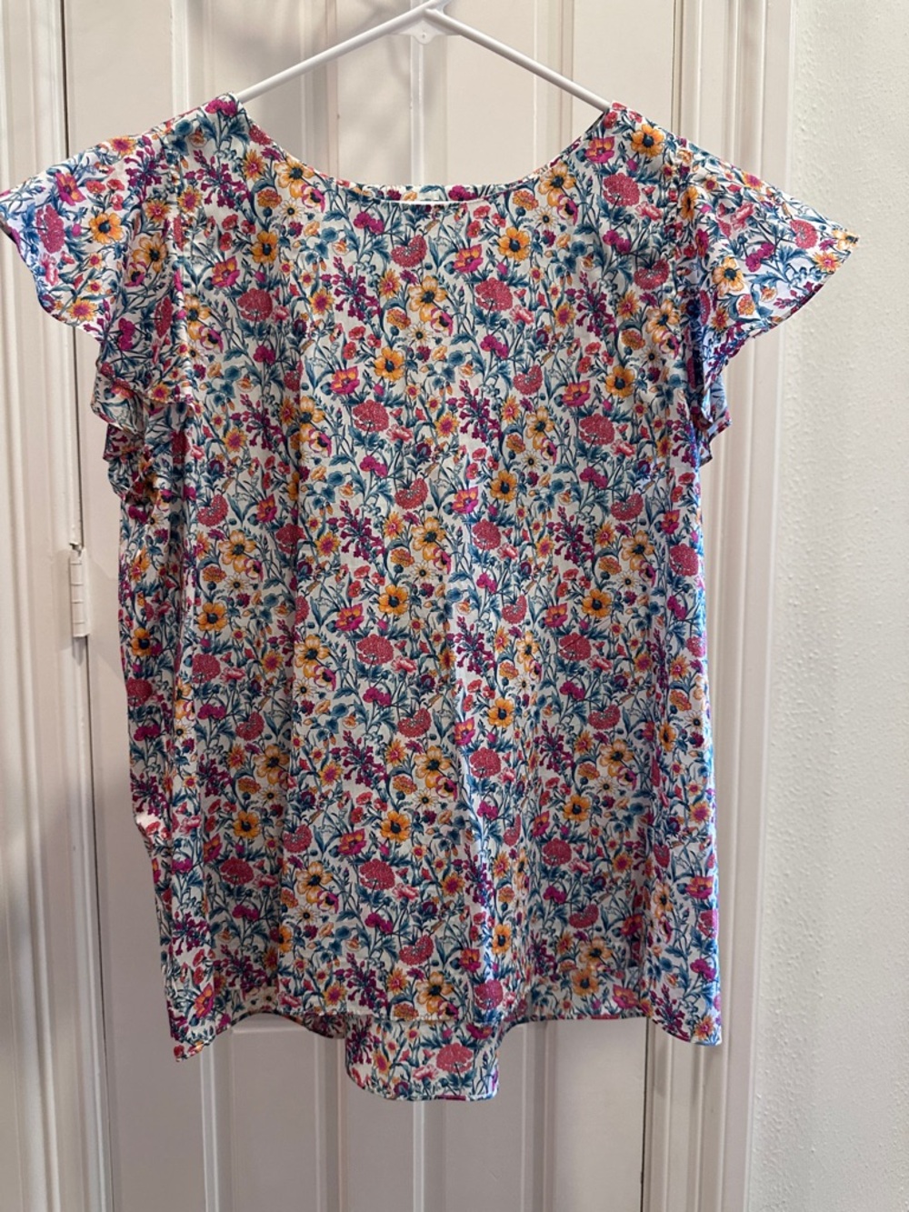 ANTONIO MELANI Floral Flutter Sleeve Top in Pink, Yellow & Blue